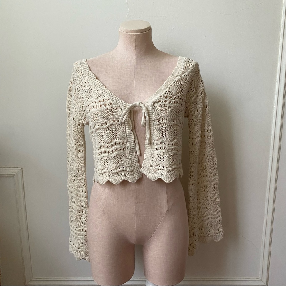 Crochet Tie-Front Cropped Cardigan — Cream